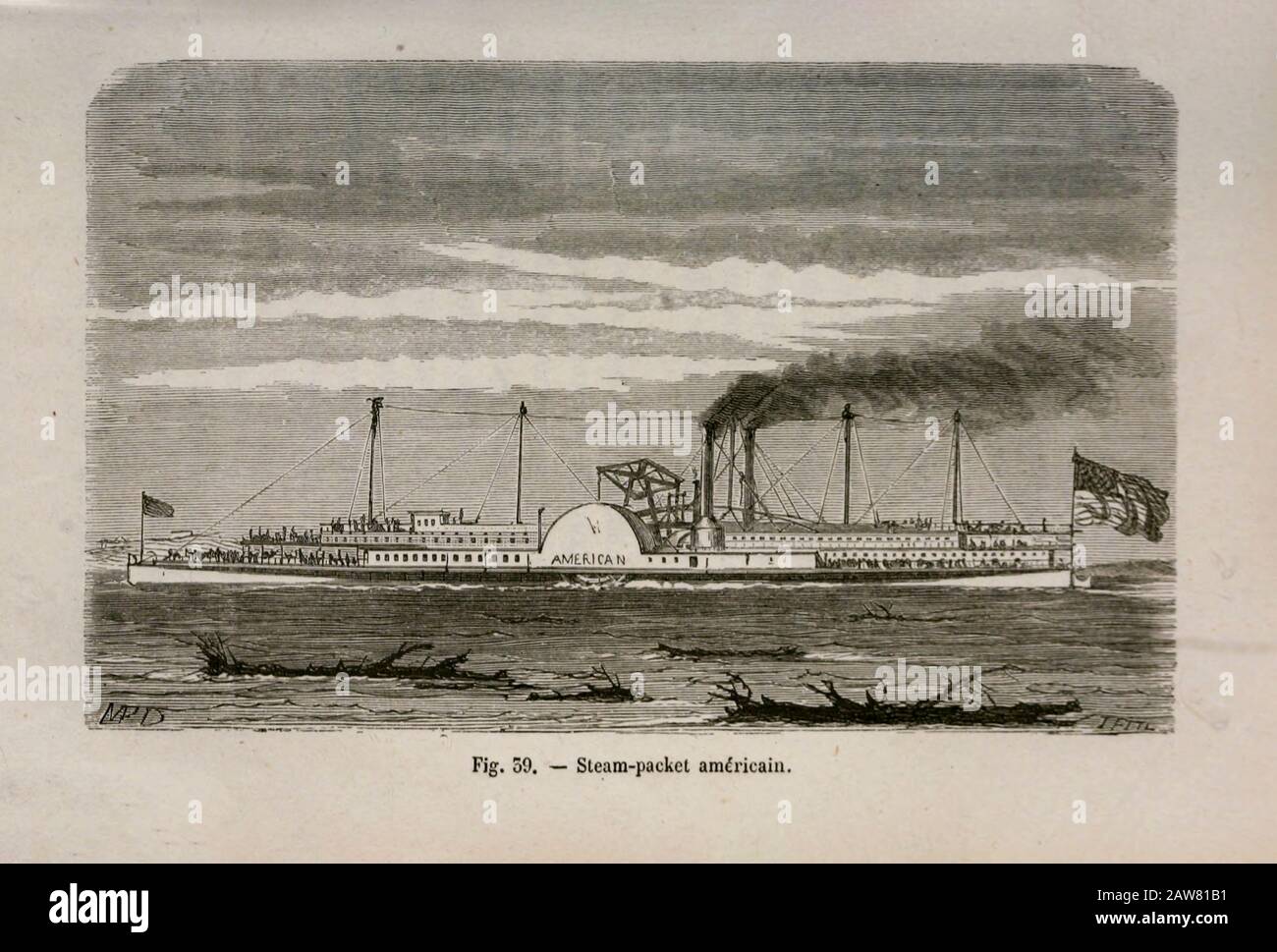 Der Holzschnittdruck aus dem 19. Jahrhundert auf Papier eines Dampf-Flussboots von L'Art Naval von Leon Renard, Das im Jahr 1881 Veröffentlicht Wurde Stockfoto
