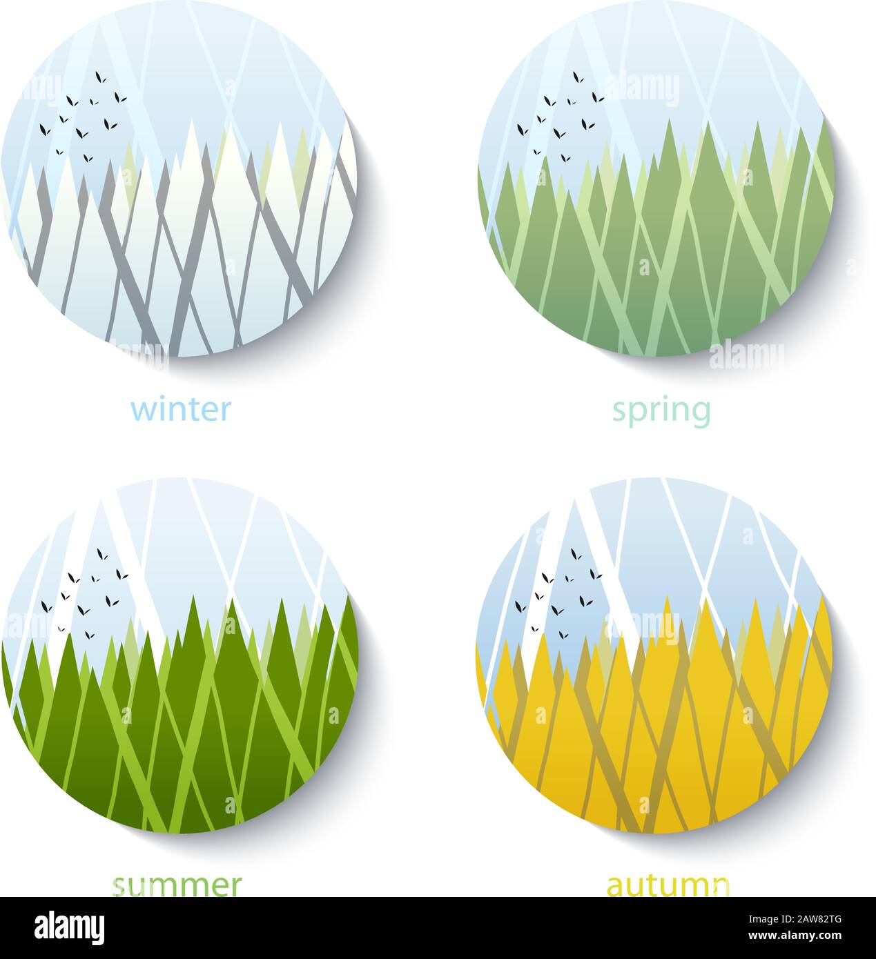 Vier Jahreszeiten runde Symbole im Querformat Vektorgrafiken im niedrigen Polygonstil. Stock Vektor