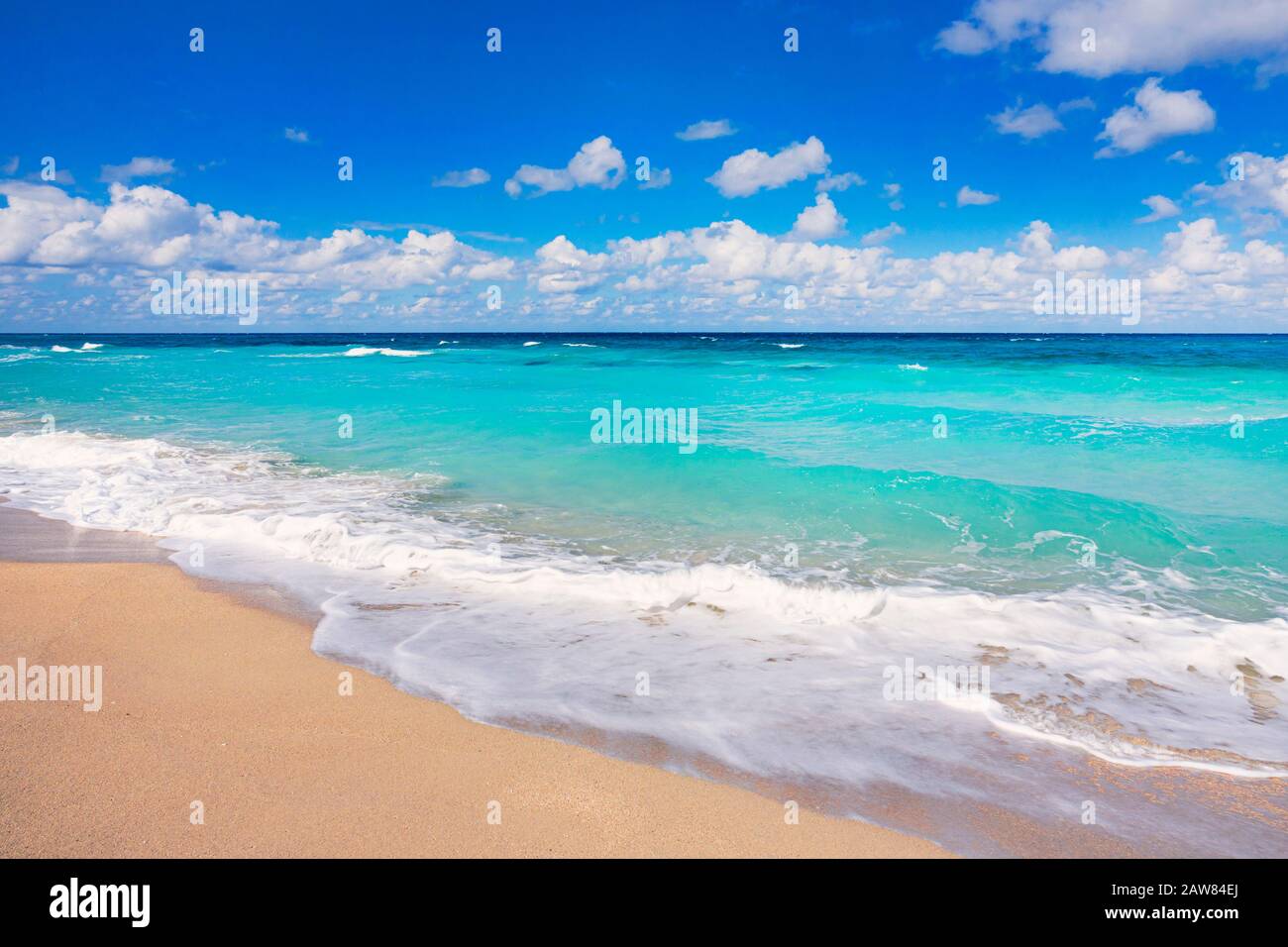 Strand tropisch mit Sand und türkisfarbenem Wasser unter blauem Himmel. Schöne Landschaft mit türkisfarbenem Meer. Horizont-Linie im Hintergrund. Stockfoto