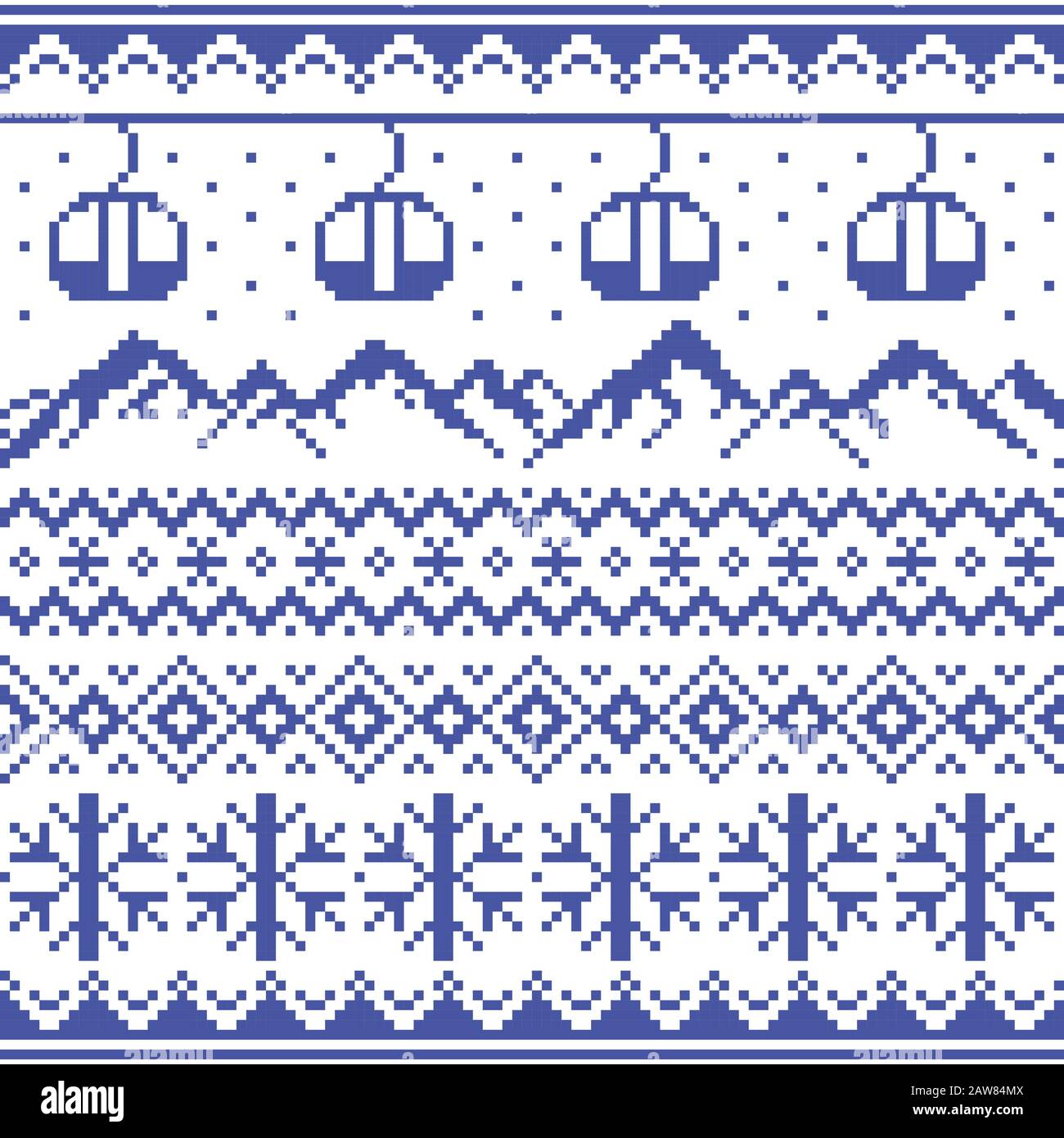 Berge und Gondeln Ski- und Snowboardvektor nahtloses Muster - traditionelle Strickmode im Stil von Fair Isle Stock Vektor