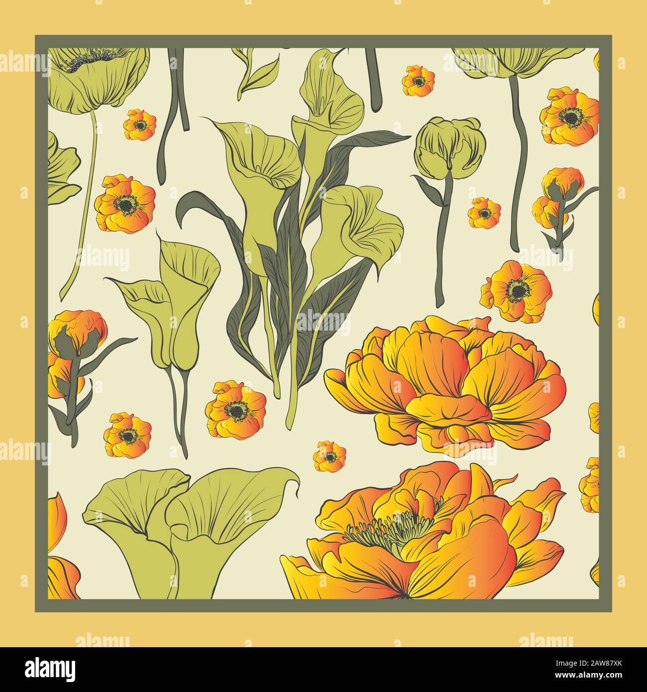 Zarte Farben aus Seidenschal mit Blüte. Stock Vektor