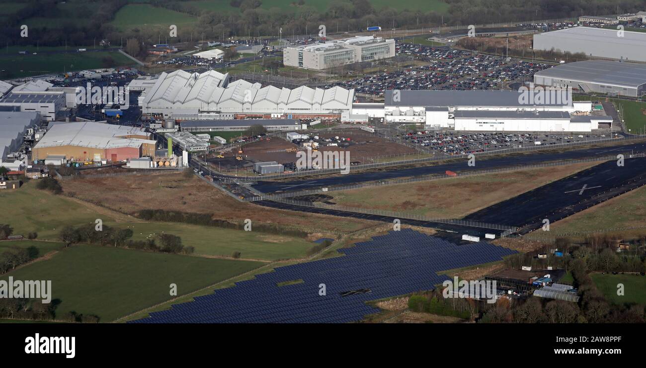 Luftaufnahme des ehemaligen BAE Samlesbury Aerodrome und jetzt Technologiepark Preston Stockfoto