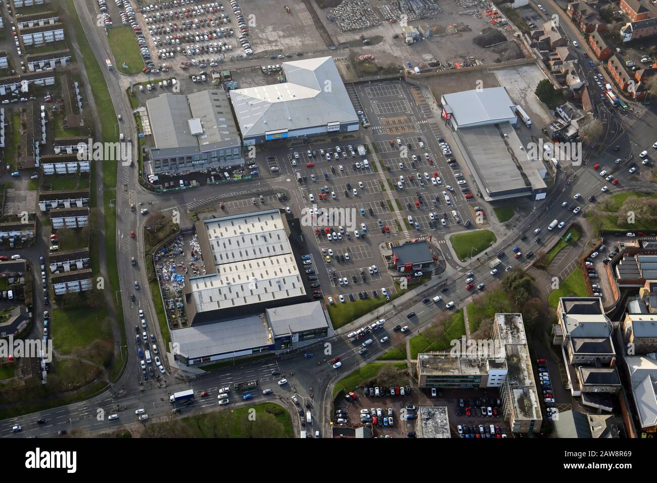 Luftansicht des Queens Shopping Park, London Road, Preston, Lancashire Stockfoto