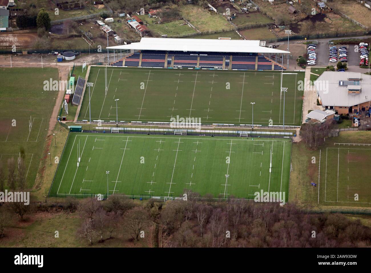 Luftbild des Rugbygrundes Doncaster Knights RFC, Doncaster, South Yorkshire Stockfoto