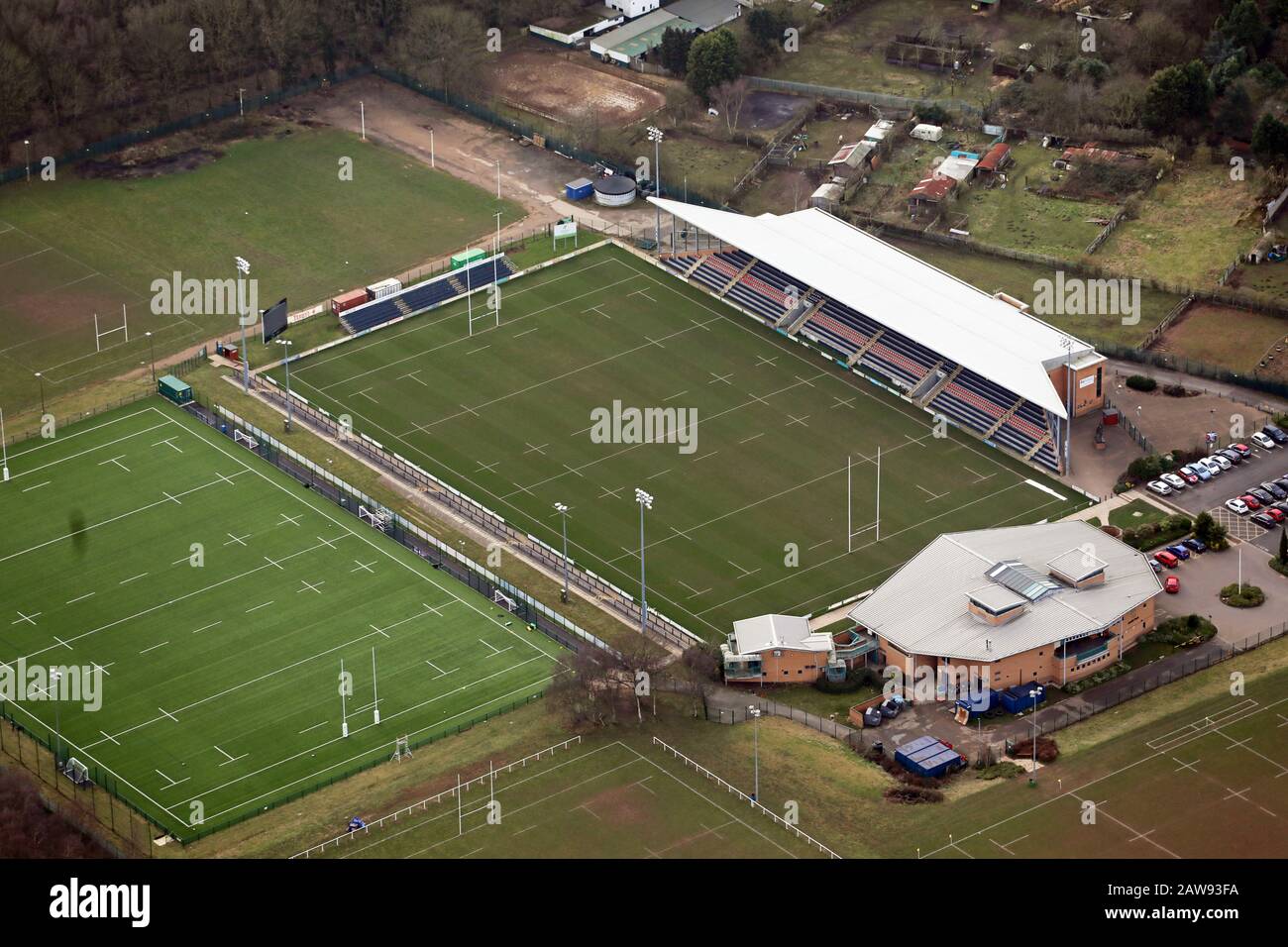 Luftbild des Rugbygrundes Doncaster Knights RFC, Doncaster, South Yorkshire Stockfoto