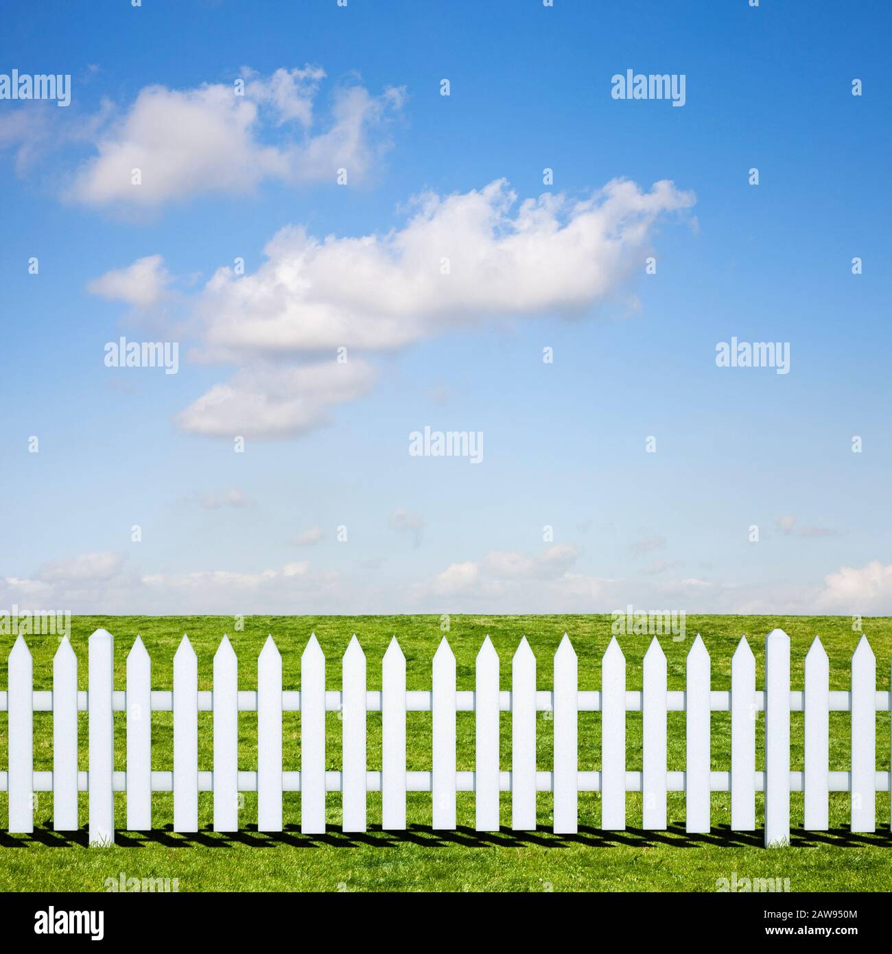 Ein weißer Pickelzaun vor einem schönen grünen Feld und blauer Himmel im Sommer Stockfoto