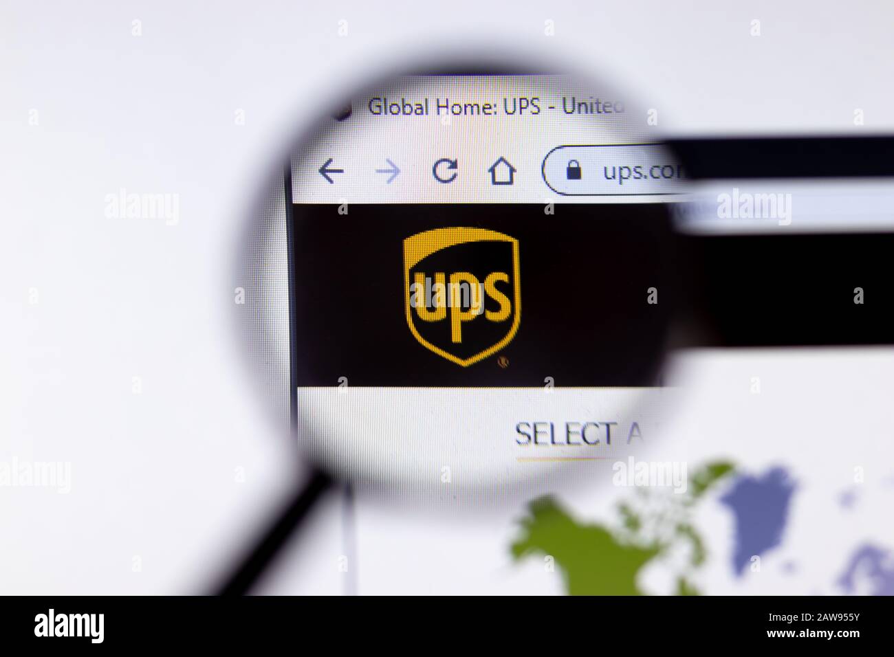 New York City, USA - 5. Februar 2020: UPS-Webseite Nahaufnahme, Illustrative Editorial Stockfoto