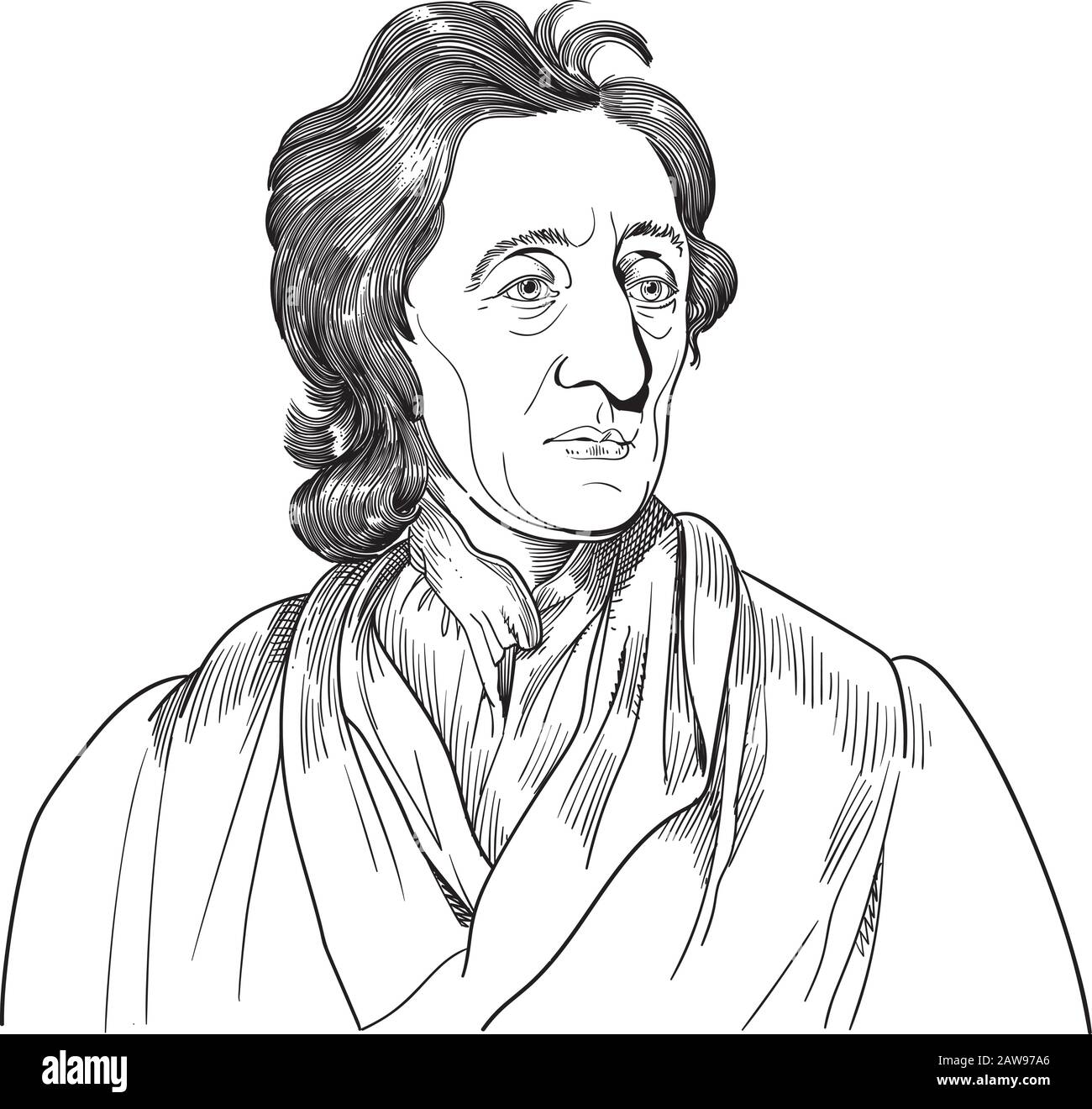 John Locke, bekannt als Vater Des Liberalismus, war ein englischer Philosoph und Arzt. Lockes Theoriedarstellung, Zeichnung, Skizze, Engrawed waren u. Stock Vektor