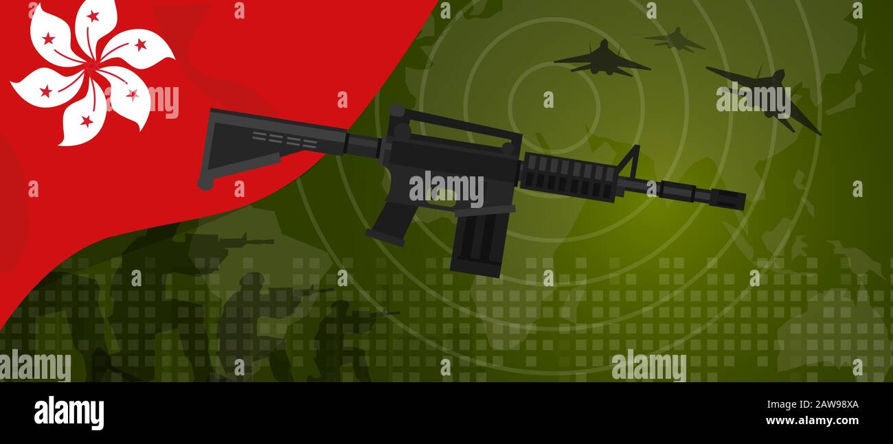 Hongkong modern Warfare World Map Country Army. Soldat mit Gewehr und Flugzeug. Militär der Nationalflaggenpistole Stock Vektor