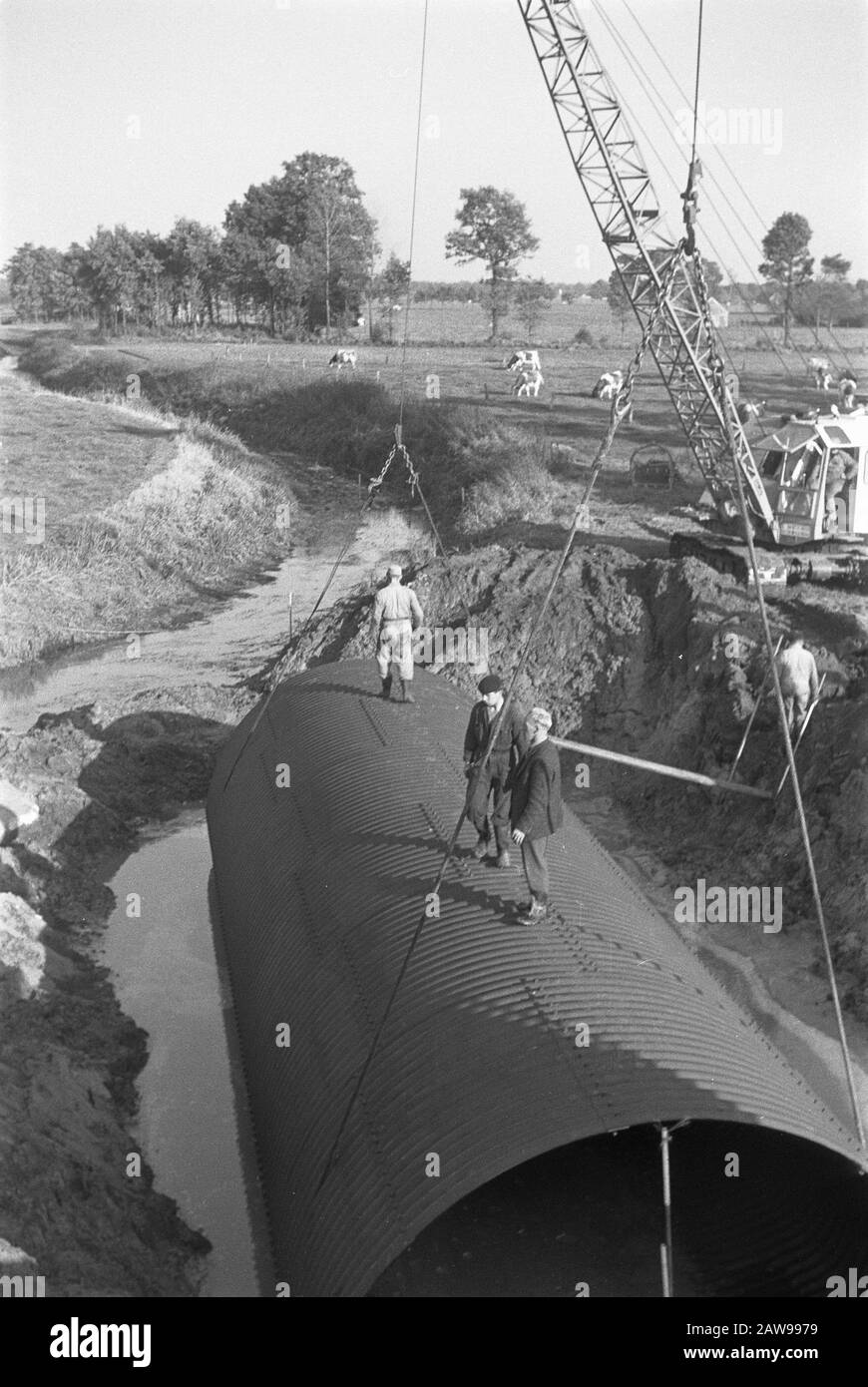 Artwork d Date: 1965 Schlüsselwörter: Arbeiter, Baustellen, Taucher, Taucher und Hecke, Graben und Befüllen von Schützengräben, Kränen, Legeabflüsse, Normalisierung von Bächen Personenname Land Wetter Bridge Institution Name: Wasser Schipbeek Stockfoto