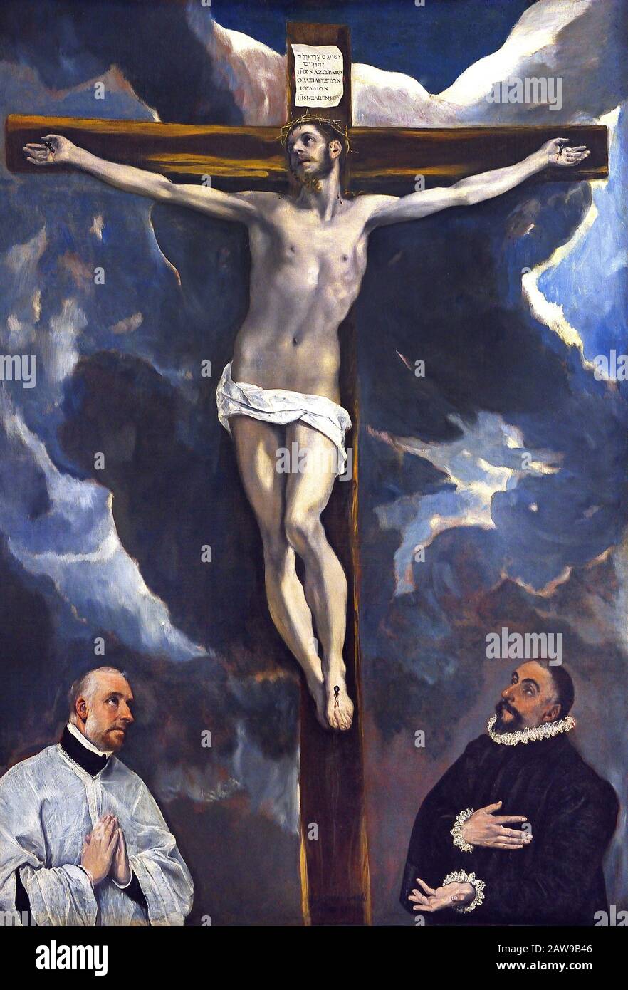 Christus am Kreuz geadelt von zwei Spendern 1580 El Greco (Domenikos Theotokópoulos) 1541- 1614, 17., Jahrhundert, Spanien, Spanisch, Griechisch, Griechenland. Stockfoto