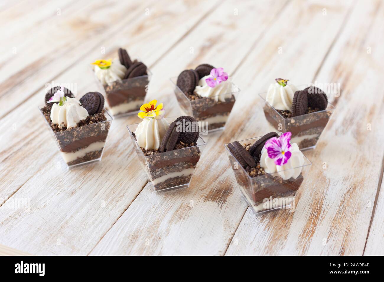 Schwarz-weiße Schokolade mit Plätzchen triflen. Dekoriert mit einer Blume auf altem weißen Holzhintergrund. Traditionelles süßes Dessert in englischer Sprache. Stockfoto