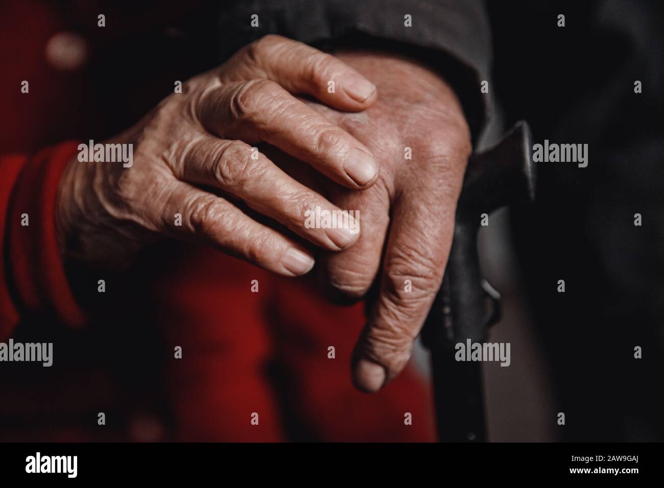 Ausgereiftes Konzept für Paare. Hände einer alten Frau und eines Mannes, der Rohrstock, Hautfalten hält. Stockfoto