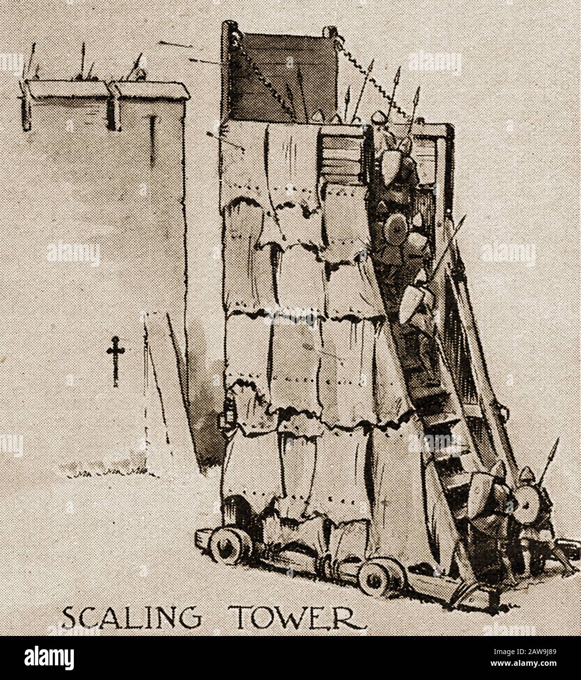 Eine Illustration aus den vierziger Jahren, die historische Kampfwaffen zeigt - Scaling Tower. Zum Skalieren von Wänden und Türmen Stockfoto