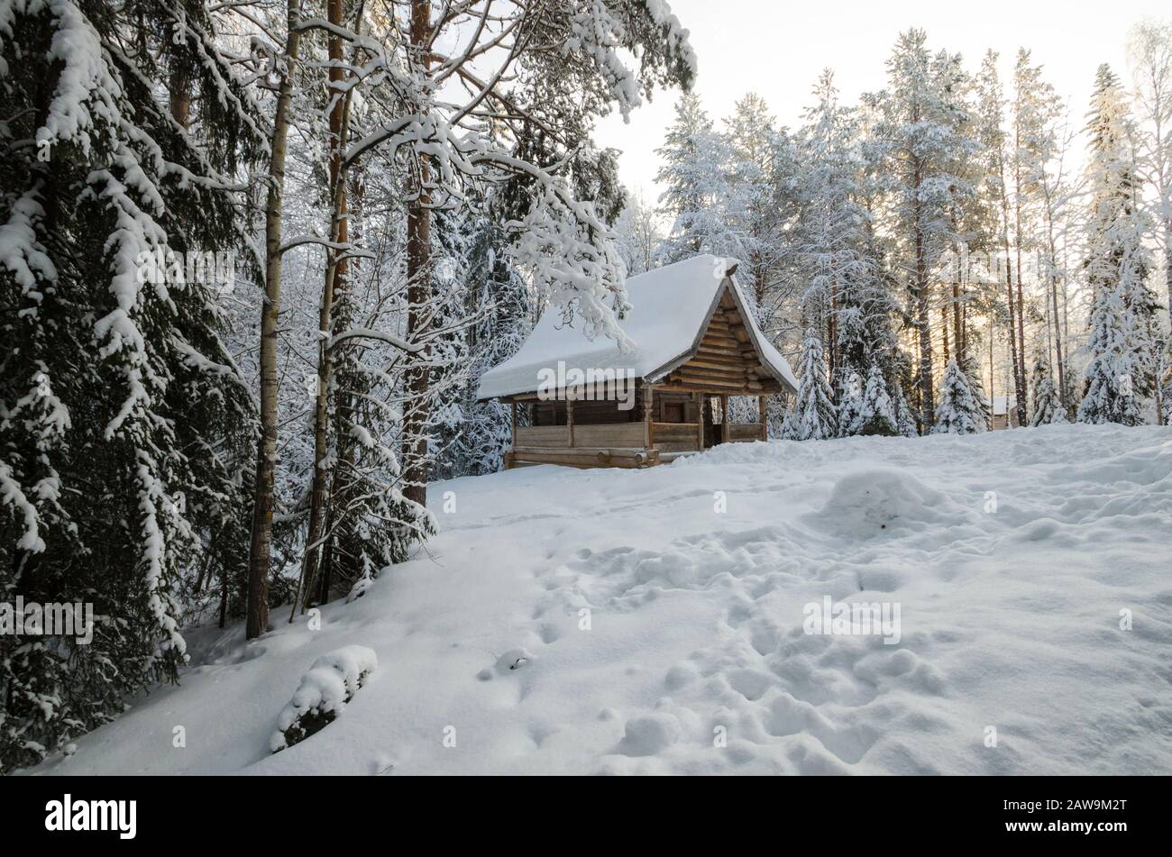 Januar 2020 - Malye Korely. Die Holzkapelle von Elia, dem Propheten, im Winterwald. Russland, Region Archangelsk Stockfoto