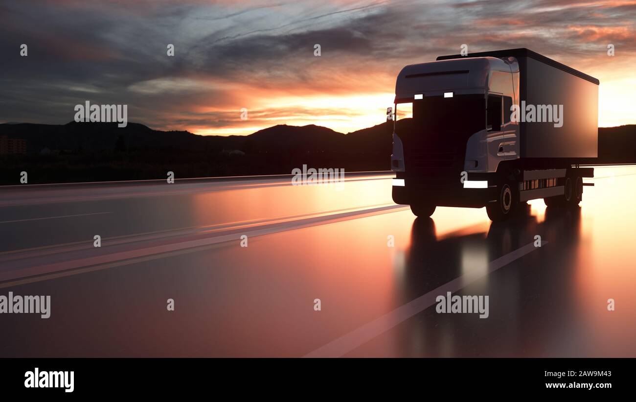 Lieferwagen auf der Straße, Autobahn. Transport, Logistikkonzept. 3D-Rendering. Stockfoto