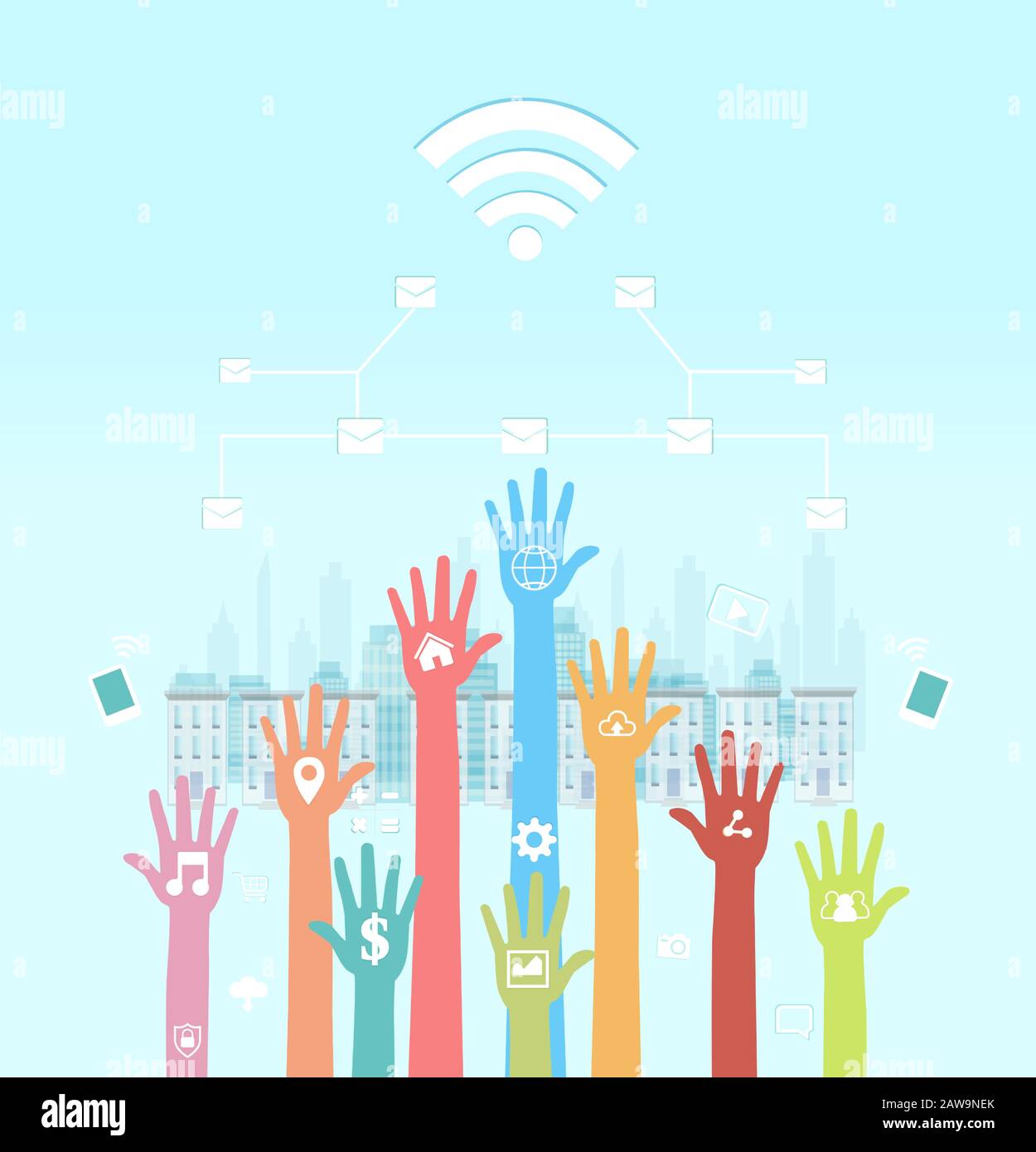 Globales Kommunikationskonzept. Vektor der menschlichen Hände mit Symbolen für soziale Medien, die mobile Geräte und Internet-Netzwerke verwenden Stock Vektor