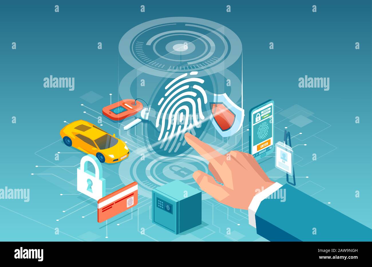 Biometrisches Konzept zur Steuerung der Fingerabdrücke. Vektor eines Geschäftsmannes, der ein digitales Touch-Scan-Identifikationssystem verwendet, um Zugriff zu erhalten Stock Vektor