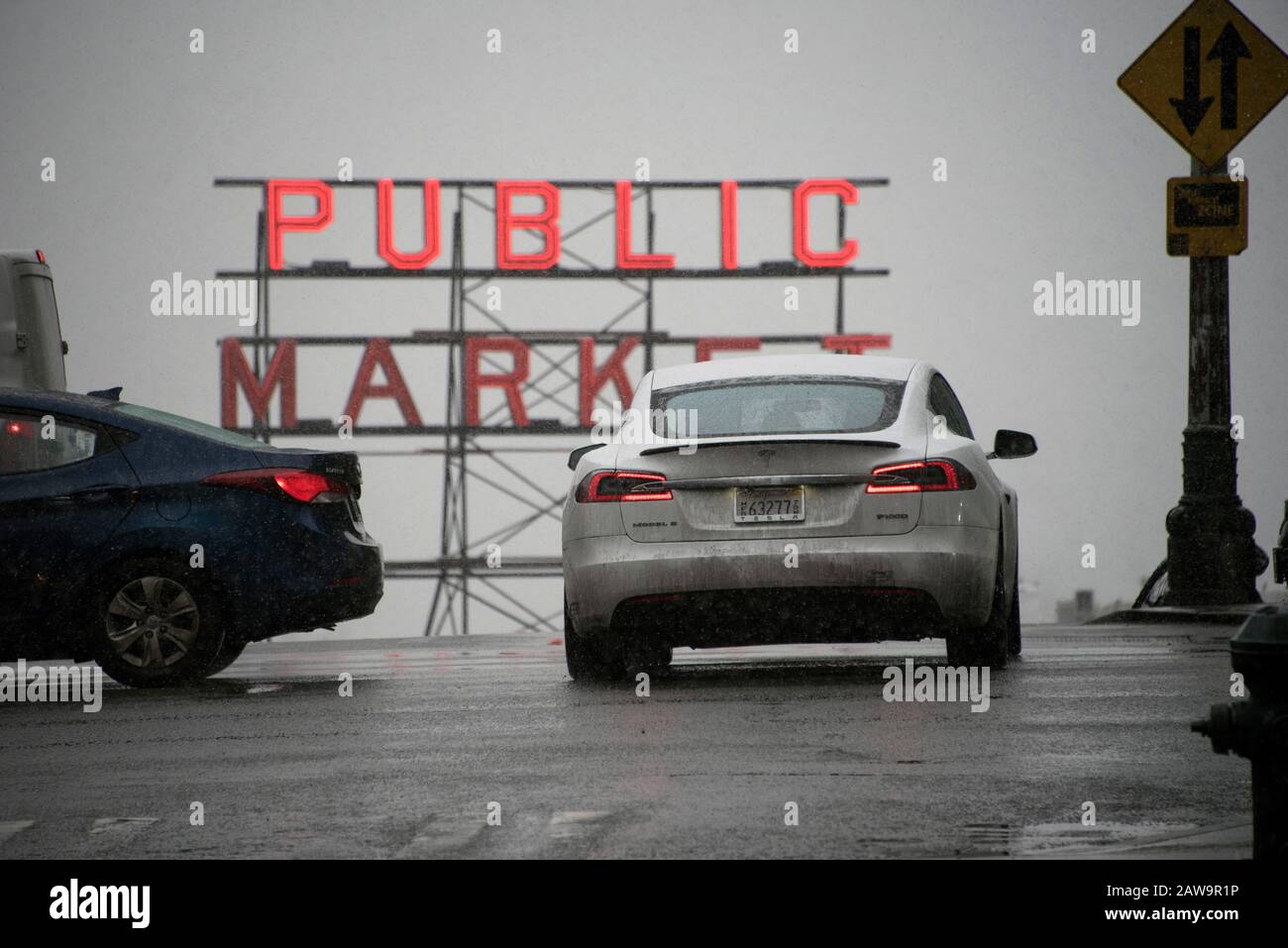 Tesla Model S P100D, Pikes Market, Downtown Seattle, Washington. 2019 Stockfoto