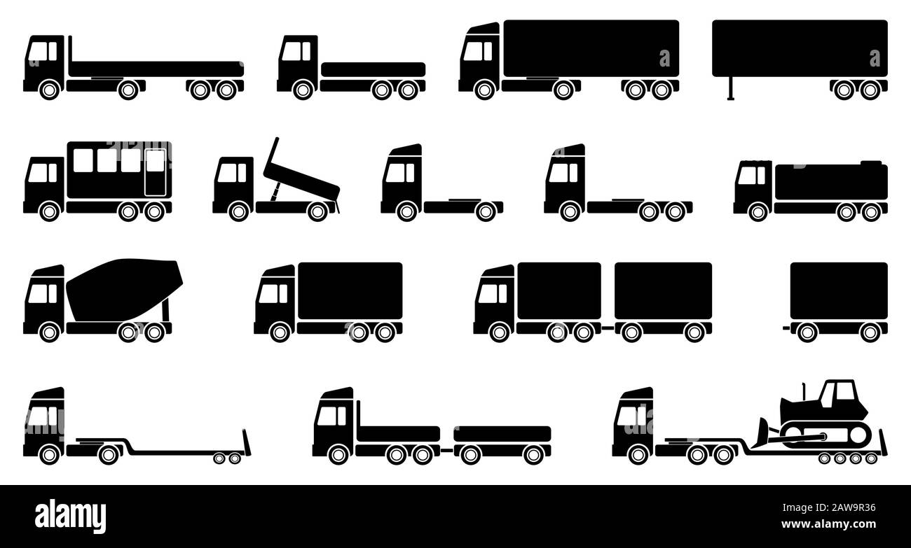 Satz Vektor-Fahrzeuge, Transport-, Transport- und Versand-Konstruktionszeichnung in eps 10 Stock Vektor