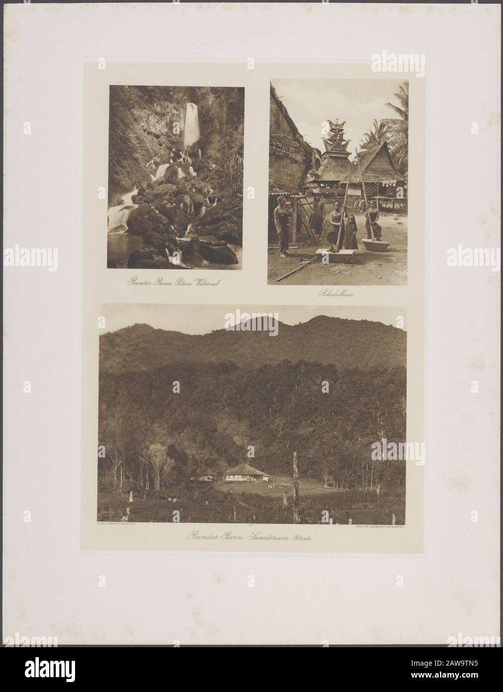 Fotoalbum Deli Maatschappij Sumatra O.K. (Kleingrothe) oben links: Bandar Baru Petani Wasserfall. Oben rechts: Totenkopfhaus. Unten: Bandar Baru Sanatorium 905 m. Datum: 1905 Ort: Indonesien, Medan, Niederländisch-Ostindien, Sumatra Stockfoto