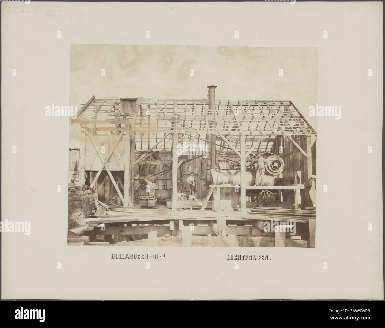 Moerdijk Bridges von Dampfmaschinen angetriebene Luftpumpen, die beim Bau der Brücke über den Hollands Diep verwendet werden Datum: 16. März 1870 Standort: Moerdijk, Moerdijk, Nordbrabant, Noord-Brabant Schlüsselwörter: Brücken, Luftpumpen, Dampfmaschinen, Wasser Stockfoto
