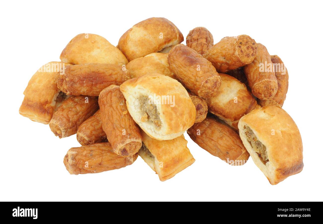 Gruppe von Cocktailwürsten und Wurstbrötchen isoliert auf weißem Hintergrund Stockfoto