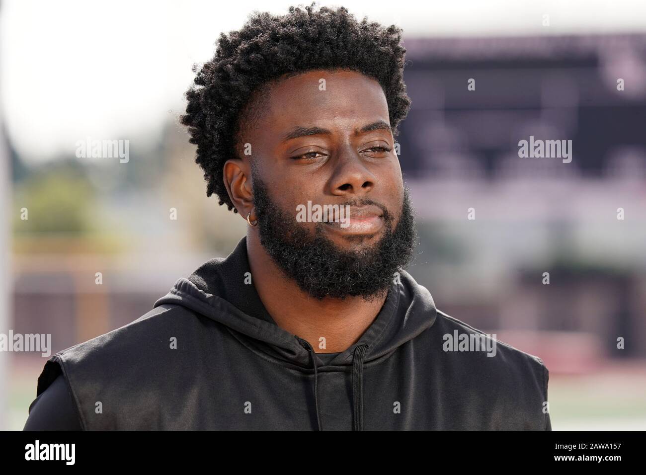 Los Angeles Wildcats Tight End Brandon Barnes in der Praxis, Mittwoch, 5. Februar 2020, in Long Beach, Kalifornien. Die Wildcats sind Teil des Achtteams XFL, einer professionellen American Footballliga im Besitz von Vince McMahons Alpha Entertainment, mit Hauptsitz in Stamford, Connecticut. Es ist der Nachfolger des ursprünglichen XFL, der von der World Wrestling Federation (WWF, heute WWE) und NBC kontrolliert wurde und 2001 für eine einzige Staffel lief.(Foto von IOS/ESPA-Images) Stockfoto