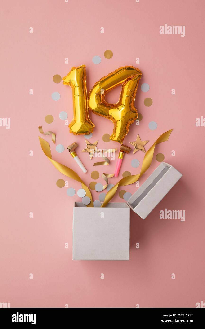 Nummer 14 Geburtstag Ballonfeier Geschenkbox flach explodieren Stockfoto