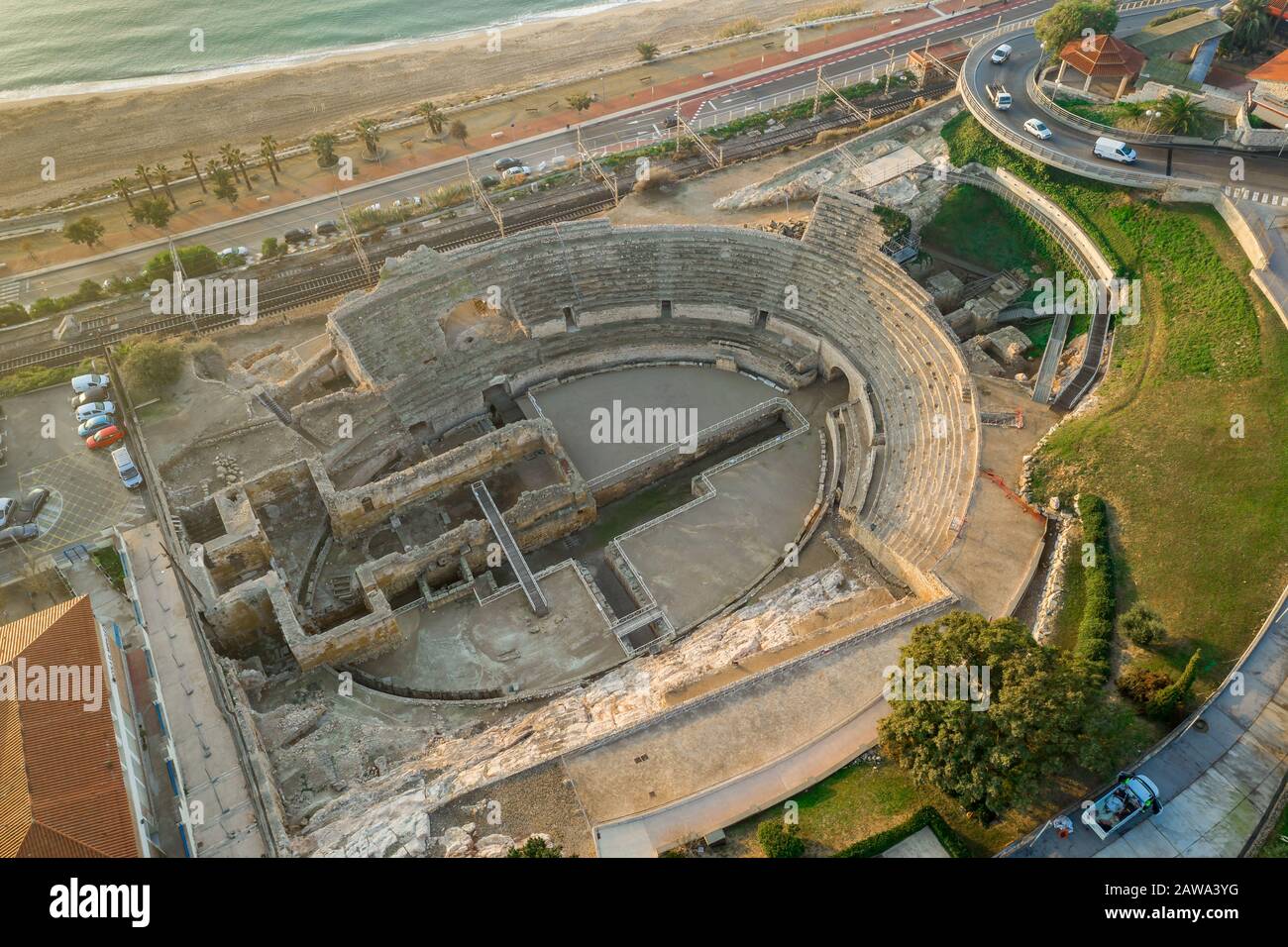 Luftaufnahme des römischen Amphitheaters in Tarragona Spanien Stockfoto