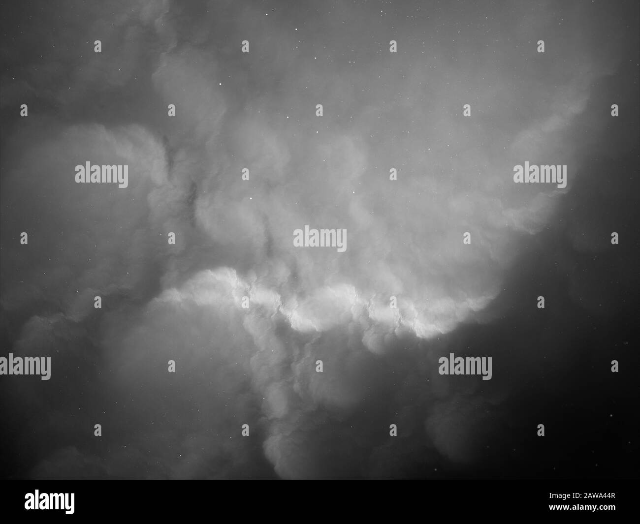 Leuchtende Nebel im Raum abstrakter Effekt Schwarzweiß, computergenerierter abstrakter Hintergrund, 3D-Rendering Stockfoto