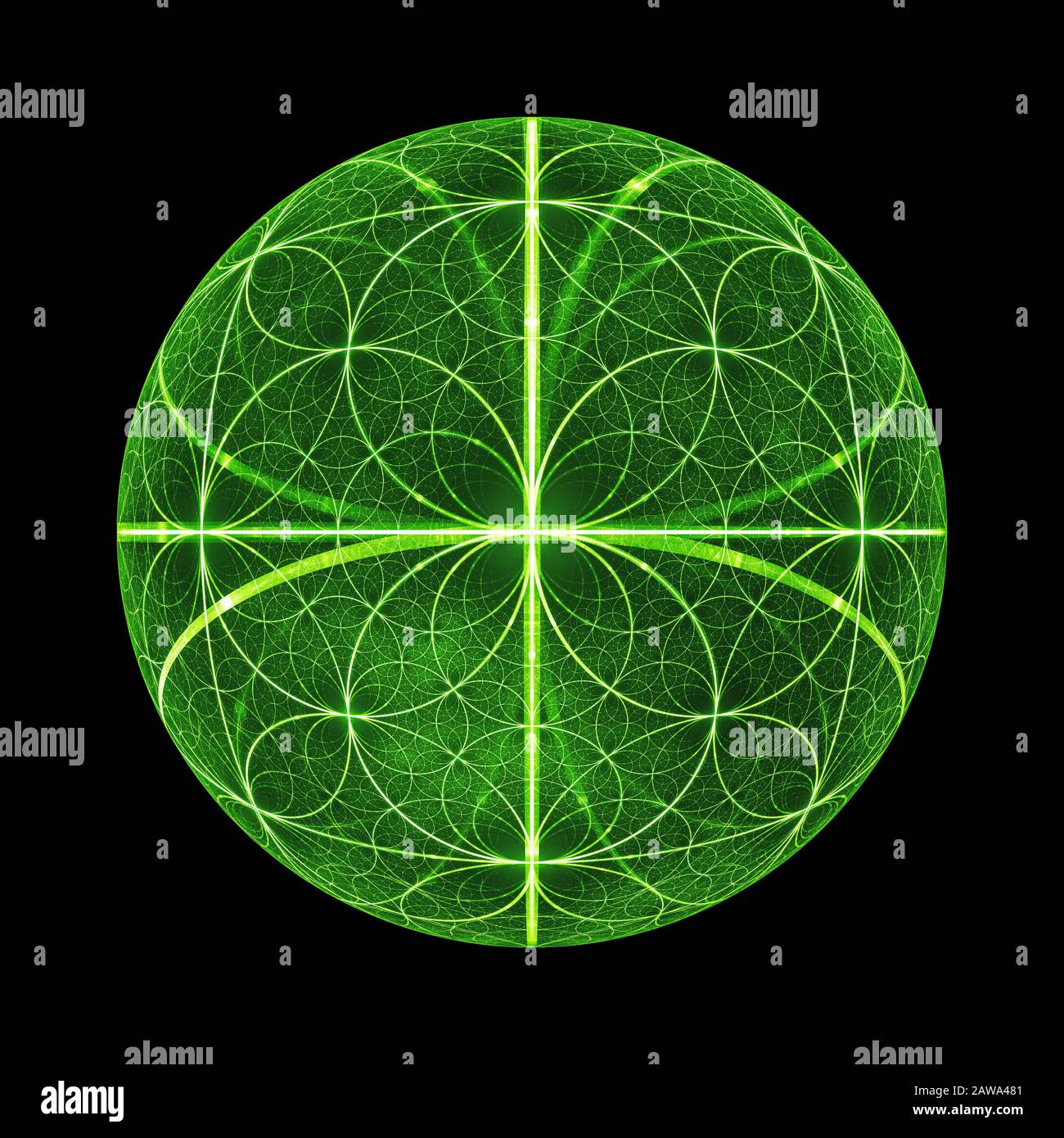 Grün leuchtende fibonacci kreist Ball, Computer generiert abstraktes Fraktal, isoliert auf schwarzem, 3D-Rendering Stockfoto