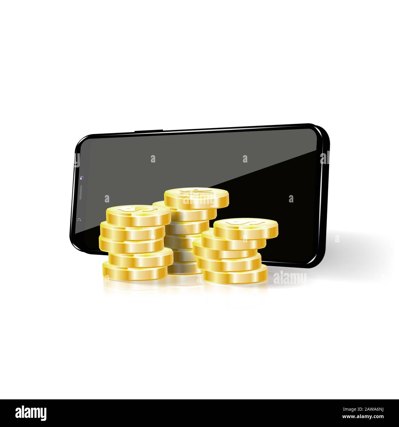 Rückzahlungsaufkleber, Etiketten, Logo. Realistische Goldmünzen auf dem Hintergrund Ihres Smartphones. Stock Vektor