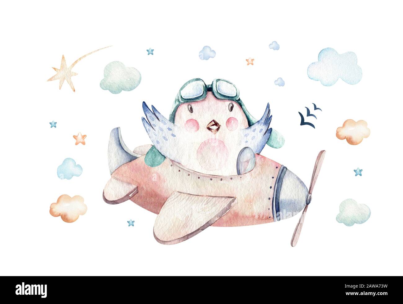 Aquarell Hintergrundfarbe festlegen Abbildung: eine niedliche und ausgefallenen Sky-Szene komplett mit Flugzeugen, Helikoptern und Ballonen, Wolken. Junge Muster. Es ist ein ba Stockfoto