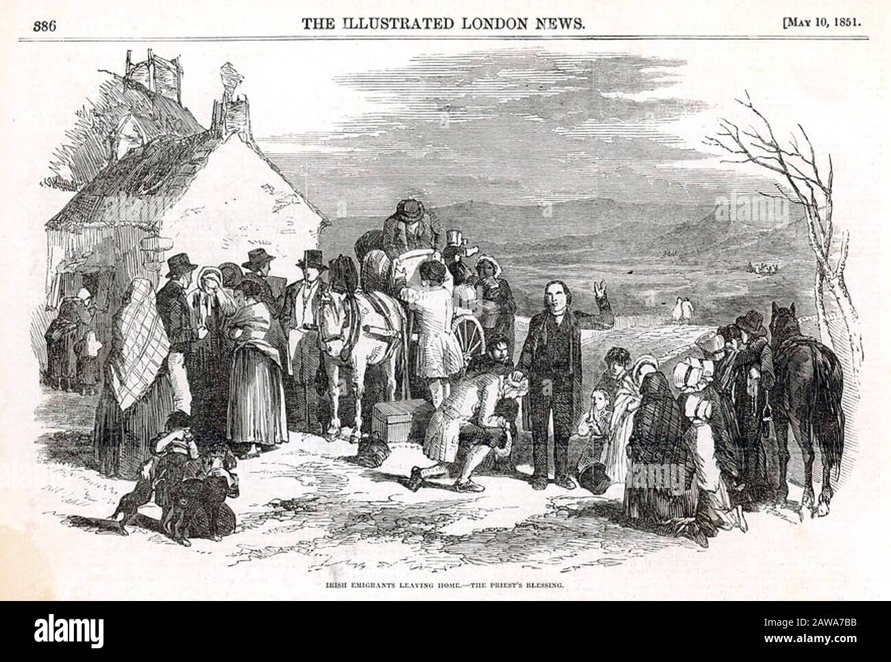 Irische EMIGRANTEN werden vom örtlichen Priester des Erben gesegnet, während sie sich darauf vorbereiten, ihre Heimat für Amerika im Jahr 1851 zu verlassen. Stockfoto