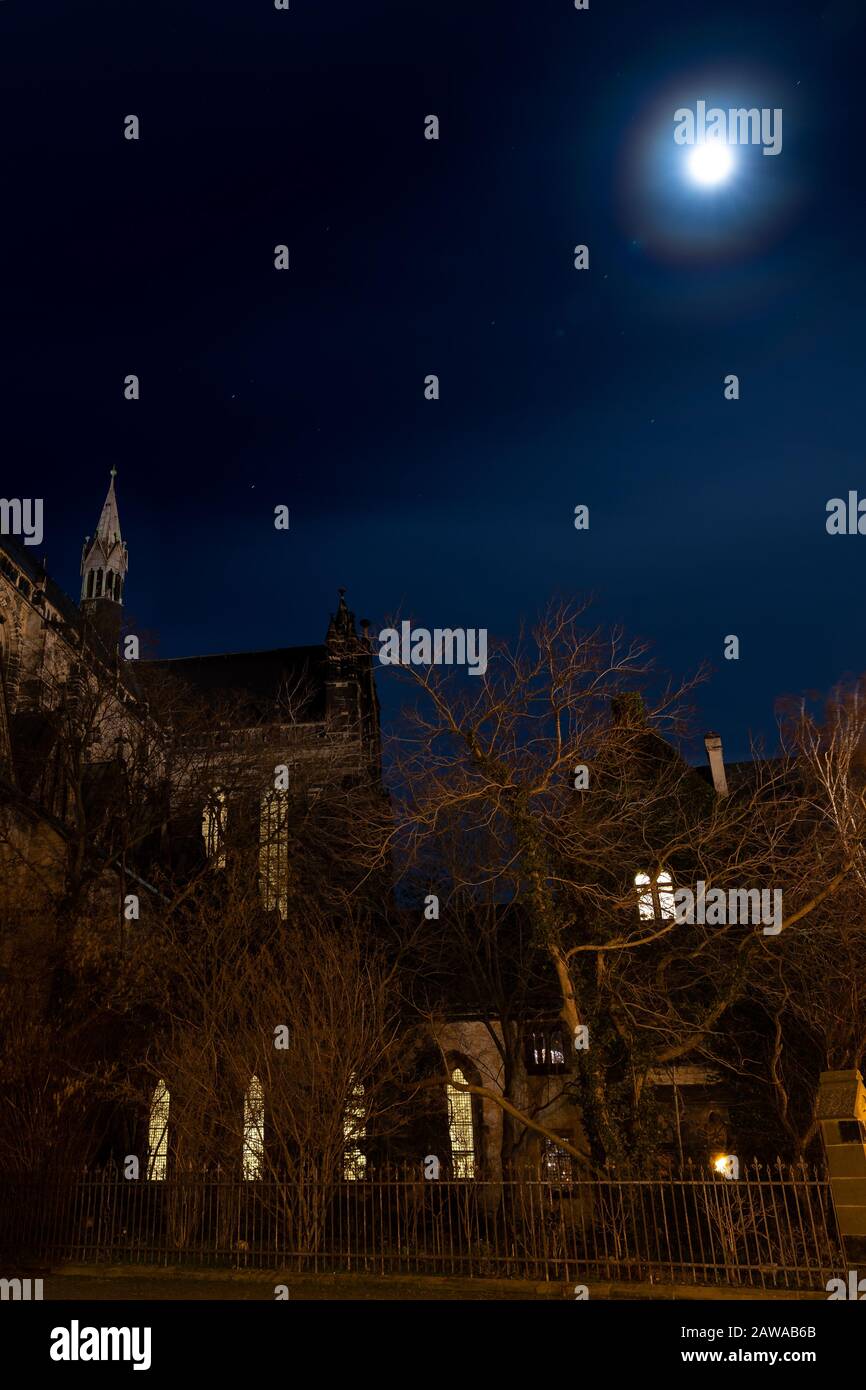 Dom und Garten in der Nacht zum Winter von Vollmond beleuchtet Stockfoto