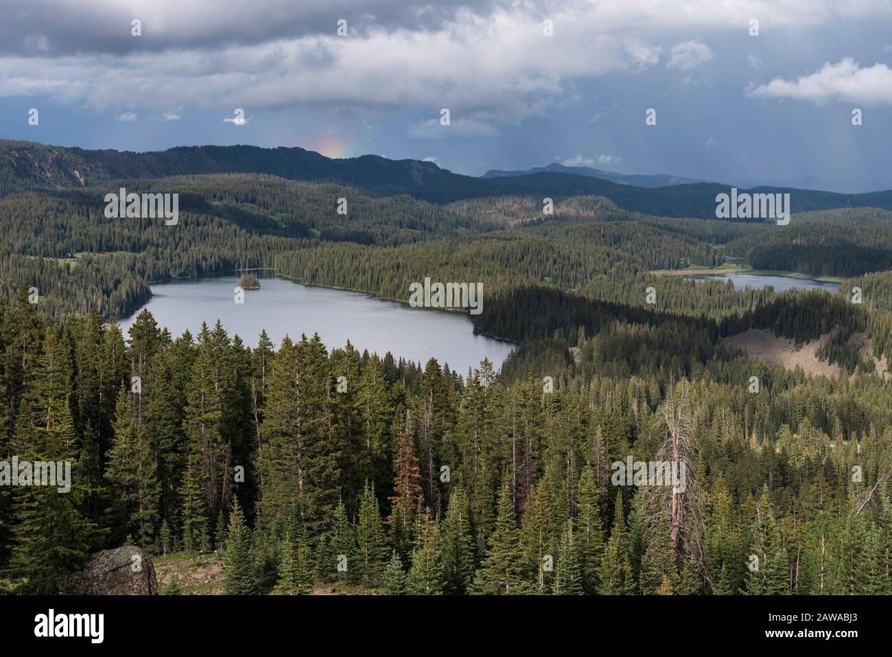 Der View Point auf dem Grand Mesa National Forest Colorado hat über 300 Seen. Teilweise Regenbogen über dem Island Lake, einer der beliebtesten Reiseziele Stockfoto