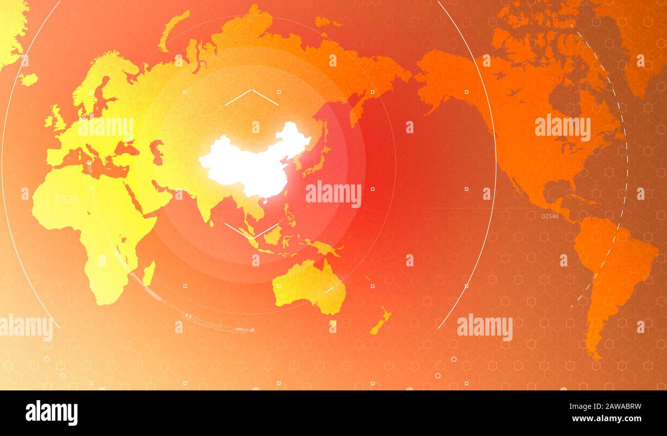 Weltkarte mit China hervorgehoben. World Planisphere. Angst vor einer neuen Virusinfektion. Coronavirus. Sars. Ansteckung. Infektionskrankheit. 2019-nCoV Stockfoto