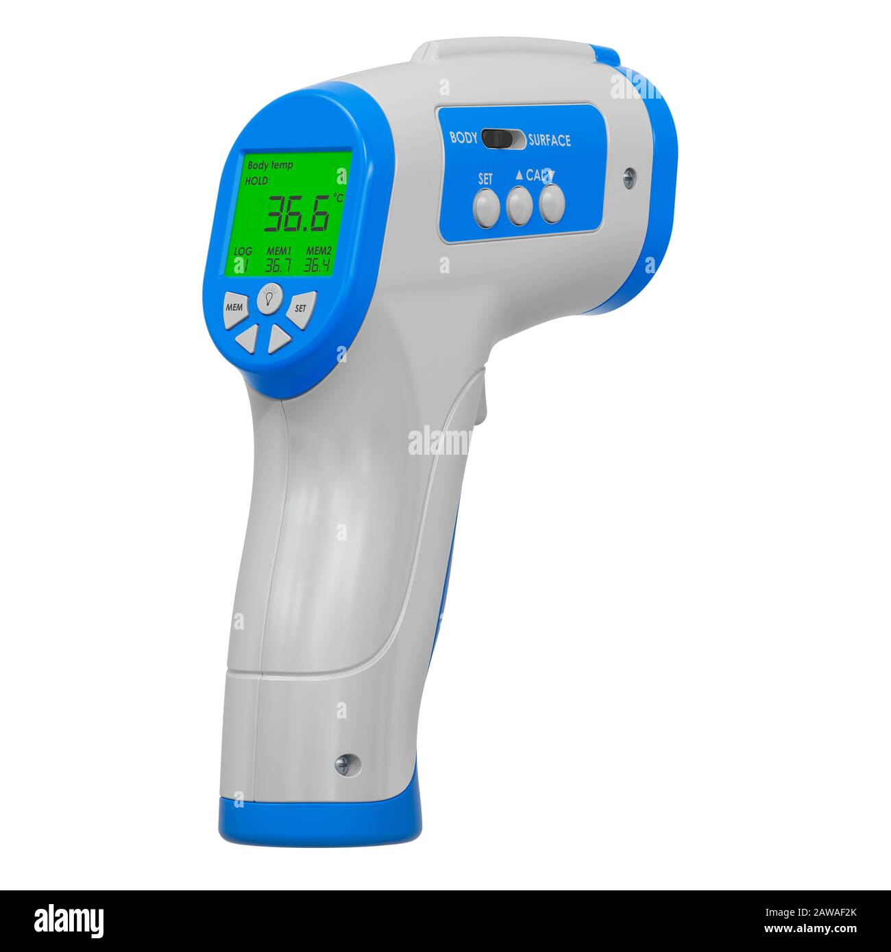 Digitales berührungslose IR-Infrarot-Thermometer, 3D-Rendering isoliert auf weißem Hintergrund Stockfoto