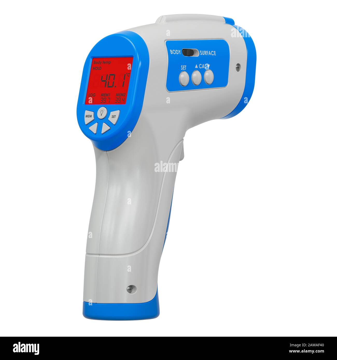 Berührungslose Temperaturpistole LCD IR-Infrarot-Thermometer, 3D-Rendering isoliert auf weißem Hintergrund Stockfoto