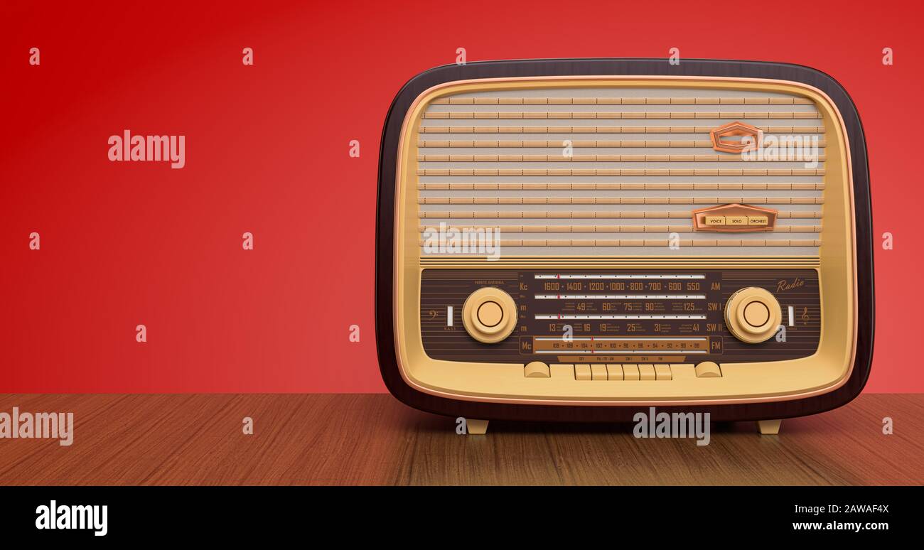 Vorderansicht des Oldtimerempfängers auf dem Holztisch. 3D-Rendering Stockfoto