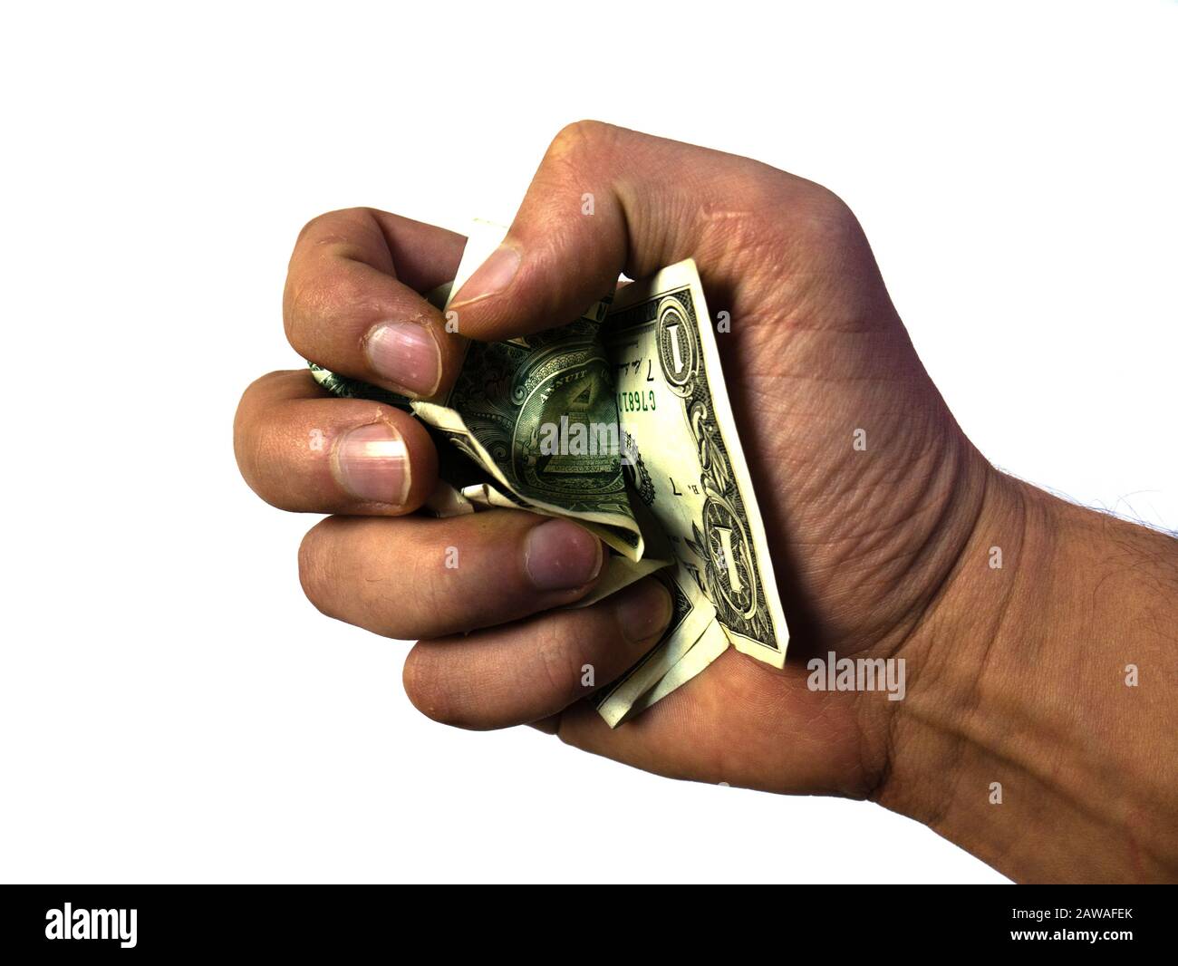 Die Hand hält und drückt die Dollar. Stockfoto