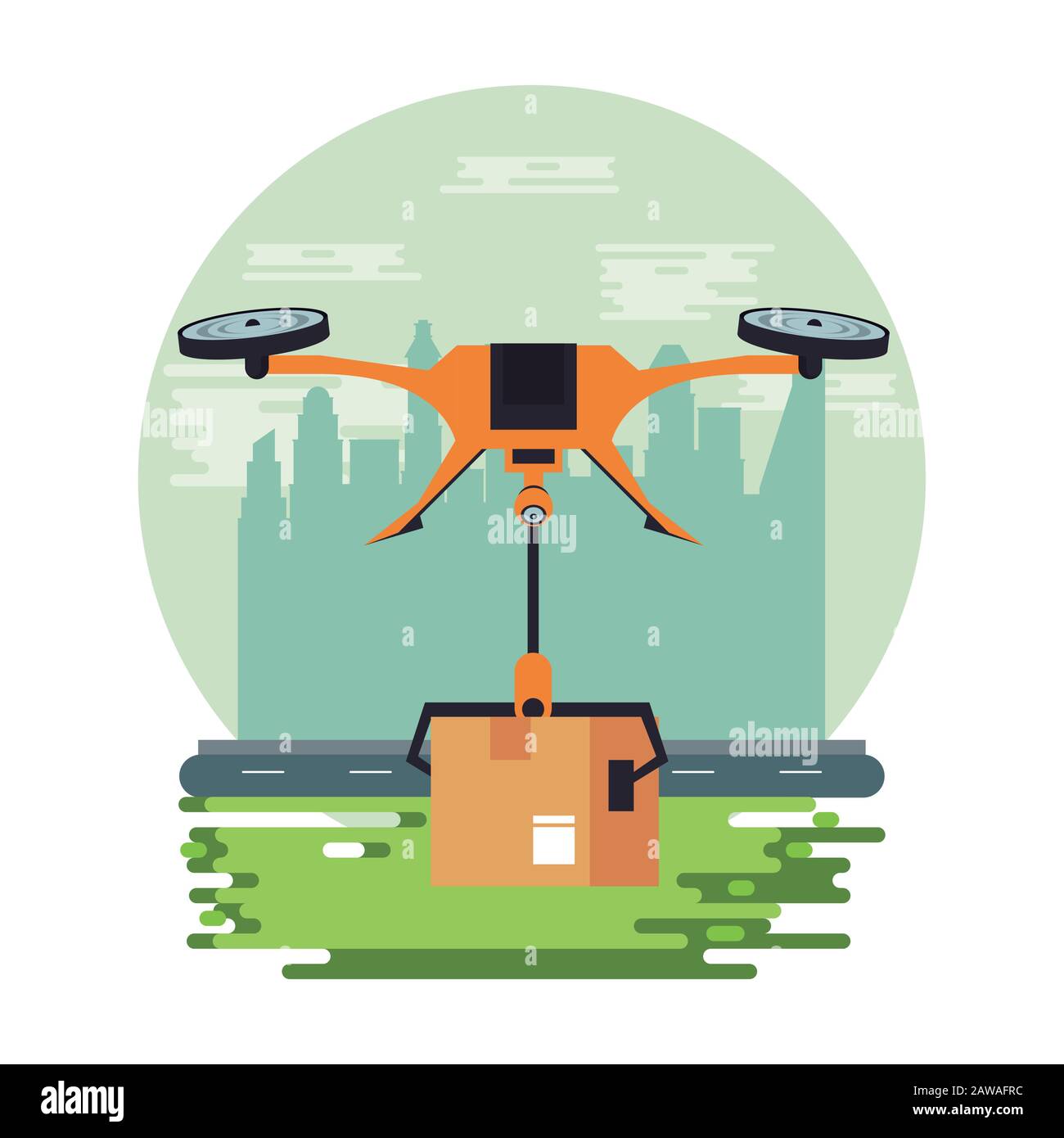 Drohnentechnik fliegt mit Box auf der Stadt Stock Vektor