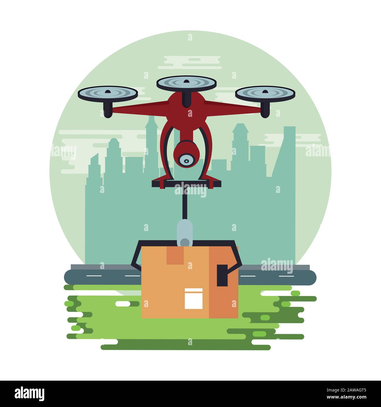 Drohnentechnik fliegt mit Box auf der Stadt Stock Vektor
