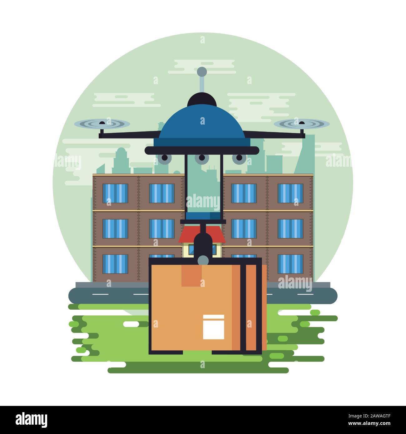 Drohnentechnik fliegt mit Box auf der Stadt Stock Vektor