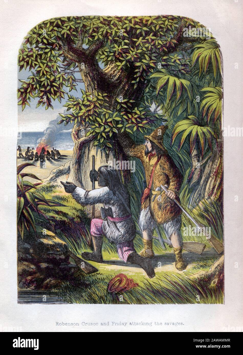 1865 , GROSSBRITANNIEN : ROBINSON CRUSOE und FREITAG , Gravur des britischen Künstlers Alexander Frank Lydon ( A. F. Lydon , 186-1917 ) für die 1865 e Stockfoto