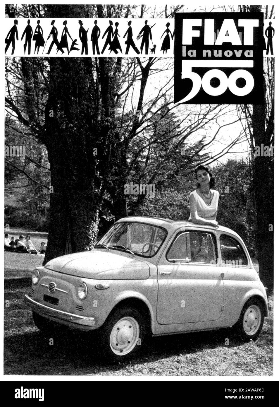 1959 Ca, TORINO, ITALIEN: Die italienische Autoindustrie FIAT (F.I.A.T. Fabbrica Italiana Automobili Torino ) Werbung für DEN FIAT 500. - Auto - Auto Stockfoto