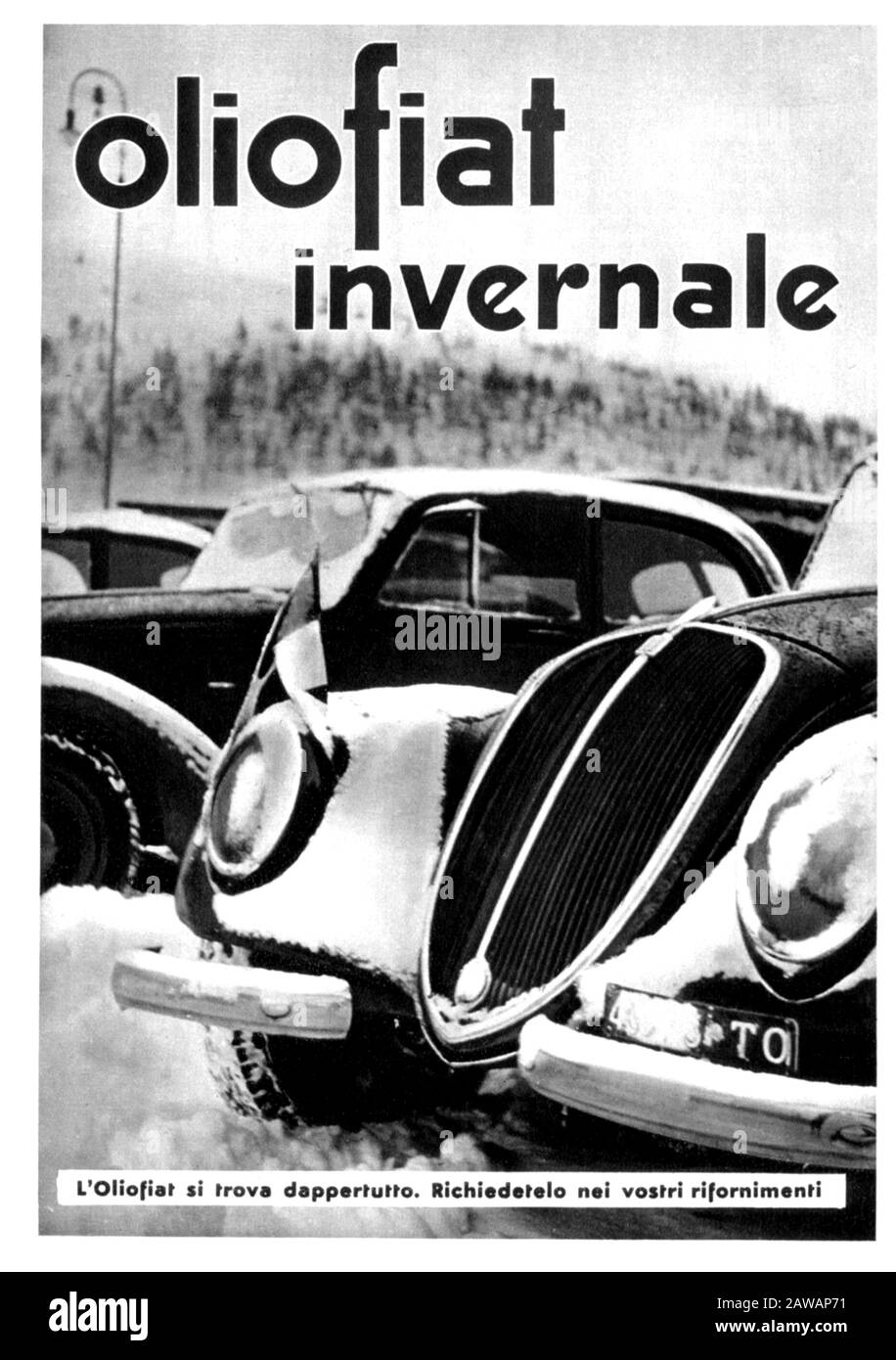 1938, ITALIEN: Die italienische Autoindustrie FIAT (F.I.A.T. Fabbrica Italiana Automobili Torino ) Werbung für OLIO FIAT-INVERNALE - WINTER - INVERNO Stockfoto