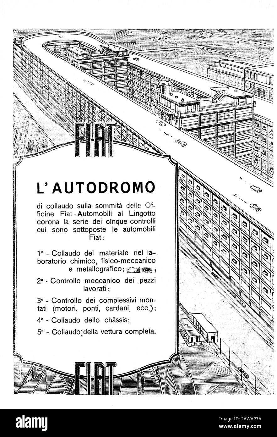 "TURINO", "TORINO", "ITALIEN": Die italienische Autoindustrie "FIAT" ("F.I.A.T.") Fabbrica Italiana Automobili Torino ) Werbung für DEN FIAT AUTODROMO AL LINGOTTO ( T Stockfoto
