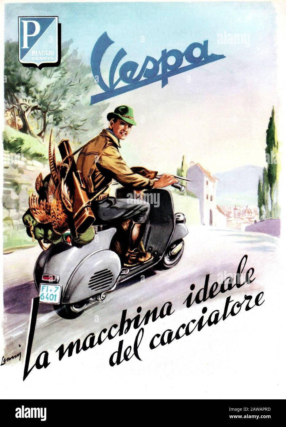 1954 , Genua , ITALIEN : Der gefeierte italienische Roller VESPA von  PIAGGIO Industry , Werbung - CACCIA - CACCIATORE - Jäger - INDUSTRIA -  INDUSTRIA Stockfotografie - Alamy